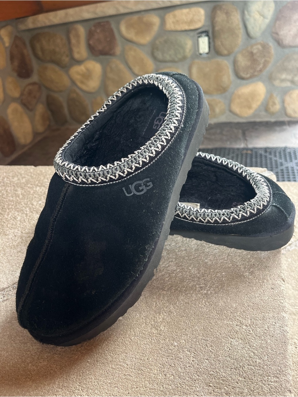 UGG Tazman Black Suede Shearling-Trim Slip-On Clogs